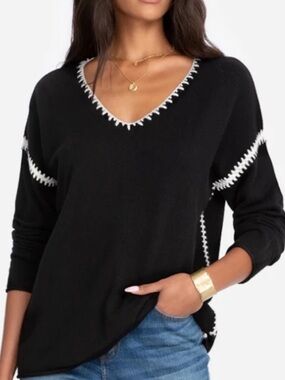 Johnny Was 100% Cashmere Whipstitch Sweater Black Contrast Stitch Boho Luxe XS